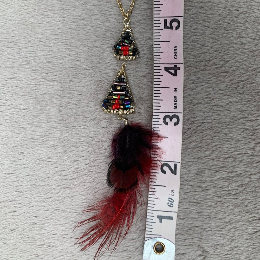 Express Layered Golden-Toned Beaded Triangles and Feather Necklace - Picture 14 of 15